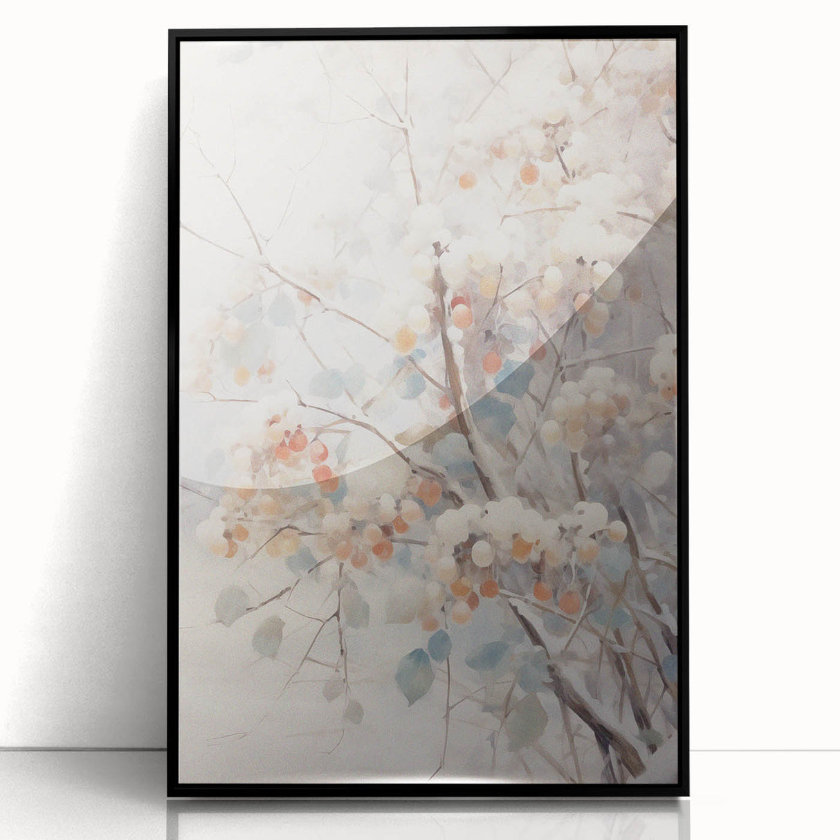 Large abstract wall art depicting a winter theme in muted gray and blue tones on a framed acrylic.