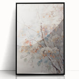 Large abstract wall art depicting a winter theme in muted gray and blue tones on a framed acrylic.