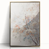 Mid-century modernist winter scene in muted blues and whites on a framed acrylic, ideal for modern nursery wall decor.