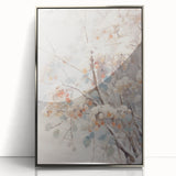 Mid-century modernist art depicting a winter scene in muted blue and silver tones, framed acrylic.
