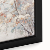 Close-up of textured black wall art depicting a winter scene on a framed canvas, featuring subtle colorful accents.