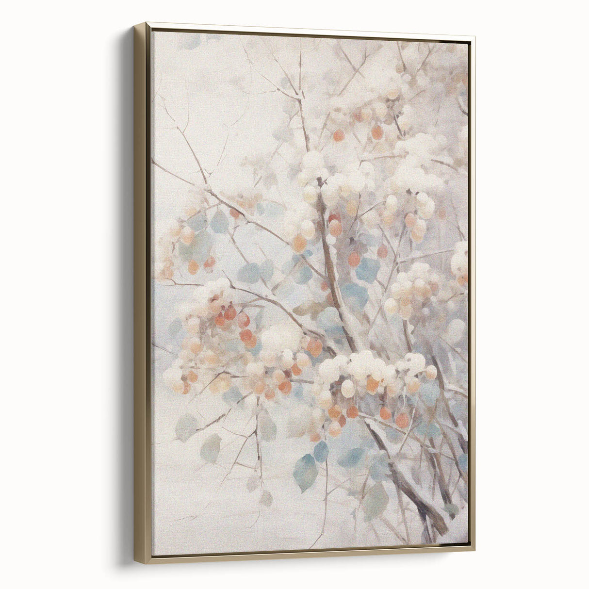 Winter landscape painting on framed canvas, featuring muted blue and white tones, ideal for bedroom wall art.