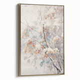 Winter landscape painting on framed canvas, featuring muted blue and white tones, ideal for bedroom wall art.