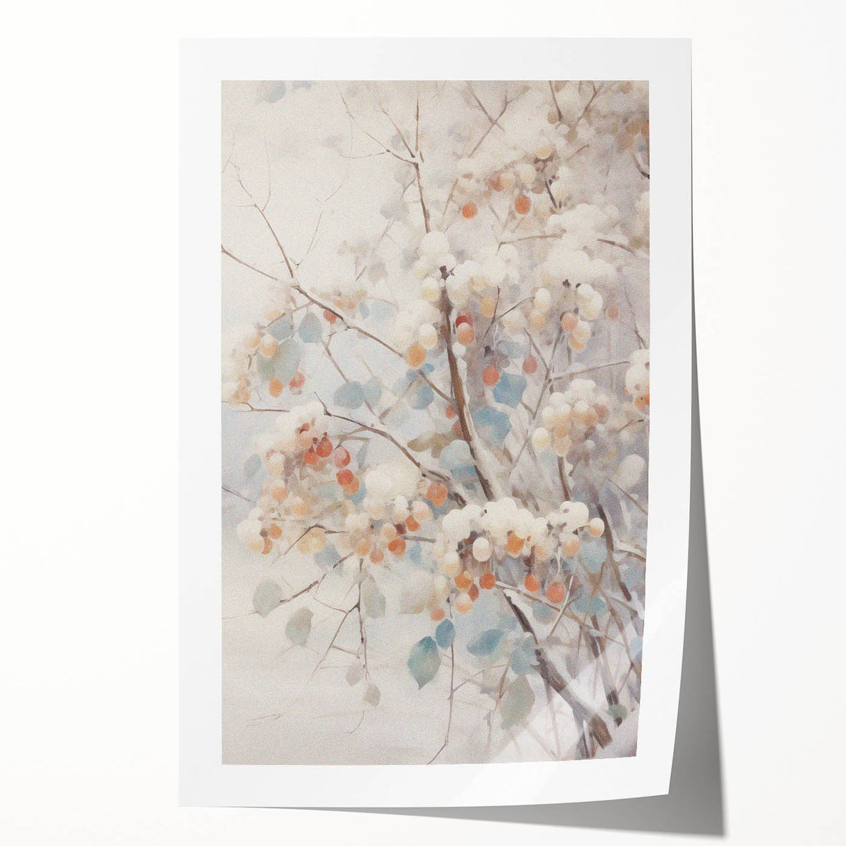 Winter-themed floral art on rolled canvas, featuring muted blue and white tones, suitable for dining room or bathroom decor.