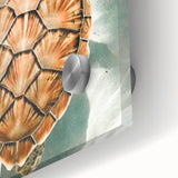 Large abstract wall art in muted orange and blue tones on acrylic glass.