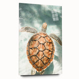 Large abstract wall art in vibrant orange and blue tones on acrylic glass, suitable for bedroom or dining room decor.