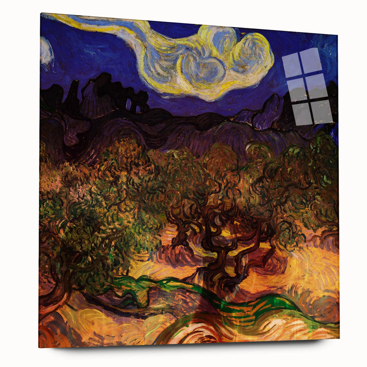 Large abstract wall art on acrylic glass featuring swirling blue and yellow tones, ideal for bedroom or dining room decor.
