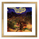 Abstract art print of swirling blues and yellows on a framed canvas, ideal for dining room decor.