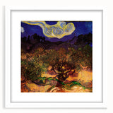 Textured abstract art print in blue and yellow, framed in white, ideal for bedroom wall decor.