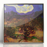 Large art print of a Van Gogh-inspired landscape in vibrant hues on silver-framed acrylic, suited for modern nursery decor.