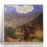 Mid-century modernist art depicting a stylized landscape, in muted blues and greens, acrylic print framed in white.