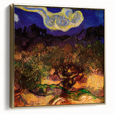 Framed canvas depicting a vintage-style landscape painting in muted gold and silver tones, ideal for bedroom wall art.