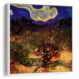 Vintage poster art of Van Gogh on extra large framed canvas, featuring colorful art on black background.