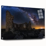 Acrylic glass artwork depicting a beautiful landscape with a castle, showcased from a side view with decorative pins, perfect for enhancing interior decor.
