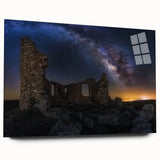 Acrylic glass artwork showcasing a vibrant landscape with a castle, featuring a detailed side view that highlights the intricate design and colors. Perfect for home decor enthusiasts seeking unique wall art.