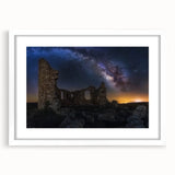 Elegant landscape artwork featuring a castle framed in a white mat, showcasing intricate details and vibrant colors, perfect for home decor or gallery display.