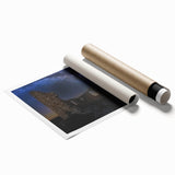 Rolled print showcasing a vibrant landscape with an enchanting castle, emphasizing intricate details and rich colors, packaged securely in a protective tube for easy shipping.