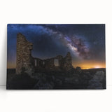 Stretched canvas artwork depicting a serene landscape with a majestic castle set against a vibrant sunset, showcasing rich colors and intricate details, perfect for home decor.