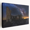 Stretched canvas artwork showcasing a serene landscape with a majestic castle, featuring vibrant colors and intricate details, ideal for home decor.