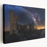 Stretched canvas artwork showcasing a serene landscape with a majestic castle, featuring vibrant colors and intricate details, ideal for home decor.