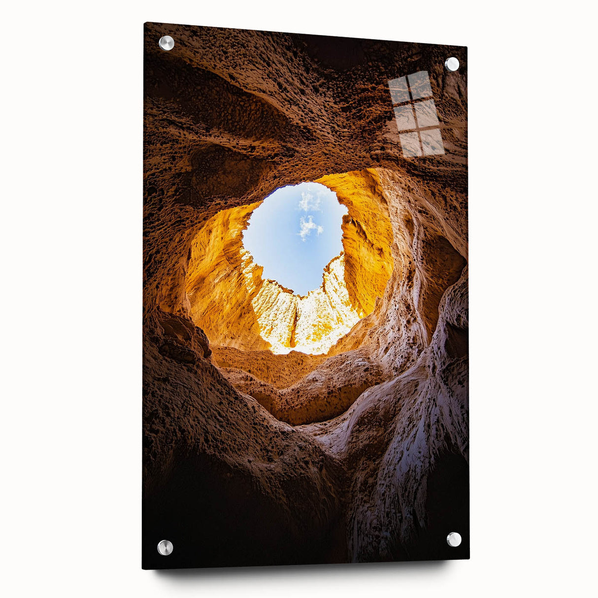 Acrylic landscape artwork depicting intricate cave formations, viewed from the side with decorative pins, showcasing vibrant colors and detailed textures. Perfect for modern decor.