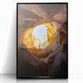 Framed acrylic artwork showcasing a stunning cave landscape design with rich natural colors, presented in a sleek black frame, perfect for modern home decor.
