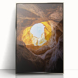 Framed acrylic artwork showcasing a stunning cave landscape with intricate details, set in a sleek silver frame, ideal for modern home decor.