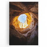 Stretched canvas artwork depicting a vibrant cave landscape with intricate details, showcasing earthy tones and natural textures, perfect for home decor.