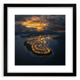 Black-framed landscape artwork showcasing dramatic cliffs under a vibrant sunset, elegantly matted for a polished look, ideal for modern home decor.