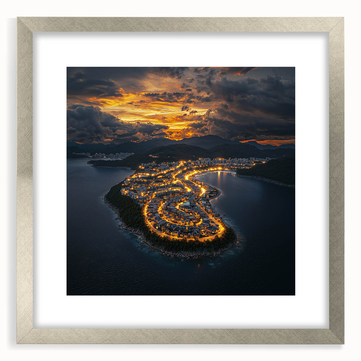 Framed landscape artwork showcasing dramatic cliffs against a serene sky, featuring a sleek silver frame and a white mat, perfect for modern home decor.