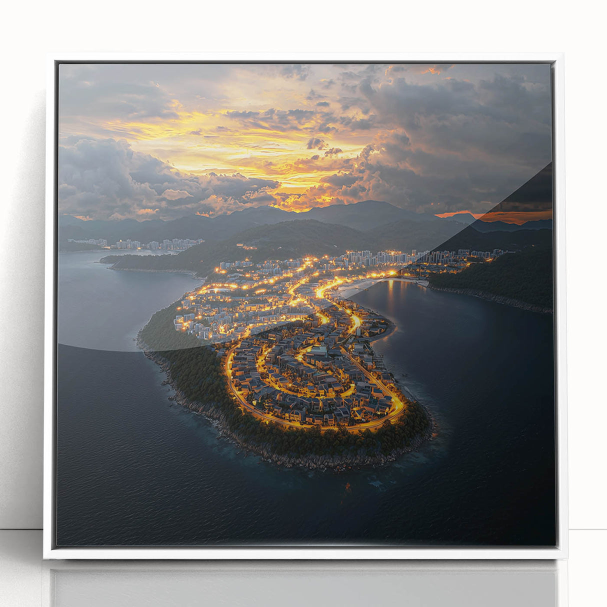 Framed acrylic artwork showcasing a dramatic landscape of cliffs with vibrant colors, set against a white background, perfect for modern home decor and art enthusiasts.