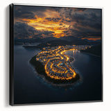 Framed canvas artwork depicting a stunning landscape of cliffs under a vibrant sunset, featuring rich color contrasts and a sleek black frame, ideal for modern decor.