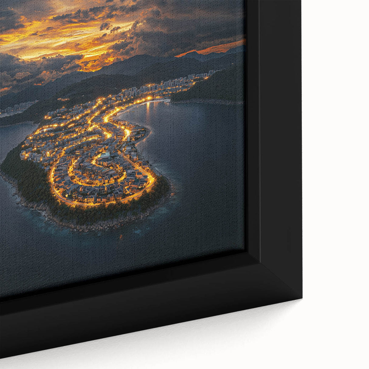 Close-up of a framed canvas showcasing a vibrant landscape of rugged cliffs under a bright blue sky, highlighting natural textures and colors. Perfect for home decor.