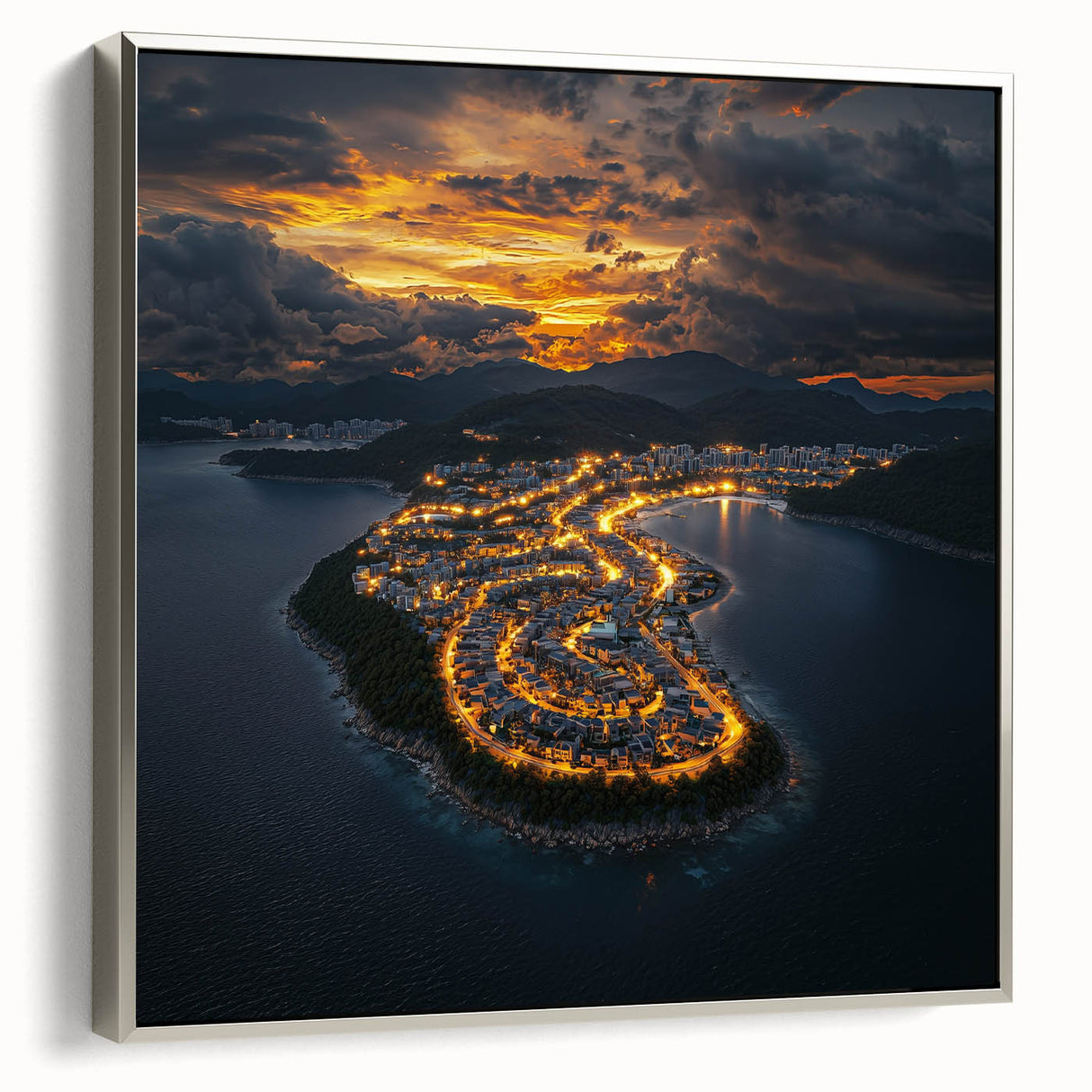 Framed canvas artwork depicting a serene cliff landscape with a silver frame, showcasing natural hues and textures, perfect for home decor.