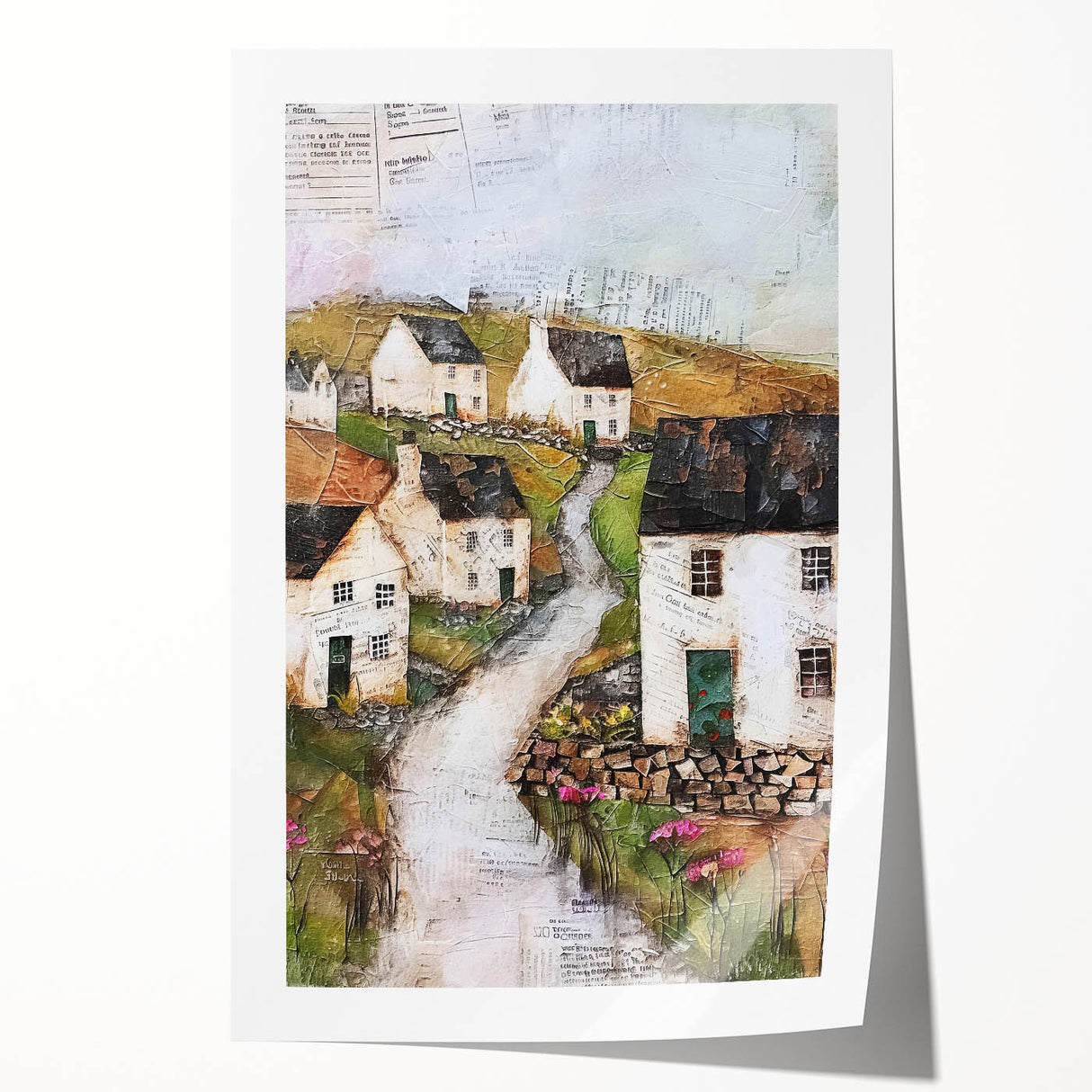 Abstract architecture wall art print showcasing geometric shapes and vibrant colors, rolled and ready for display, emphasizing contemporary design aesthetics.