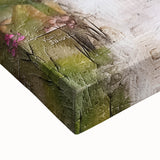 Close-up of an abstract architectural wall art design on stretched canvas, showcasing intricate patterns in muted tones of blue and gray, perfect for modern decor.