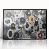 Framed acrylic wall art featuring an abstract geometric design in a sleek black frame, showcasing vibrant colors and sharp lines, perfect for modern decor.