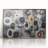 Framed abstract geometric artwork in gold tones, showcasing intricate patterns and shapes; perfect for modern home decor and adding a touch of elegance.