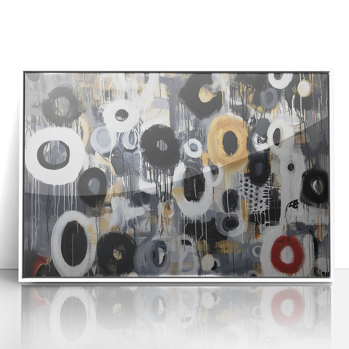 Abstract geometric framed acrylic artwork featuring a white background with intricate black and gray shapes, ideal for modern home decor or office settings.
