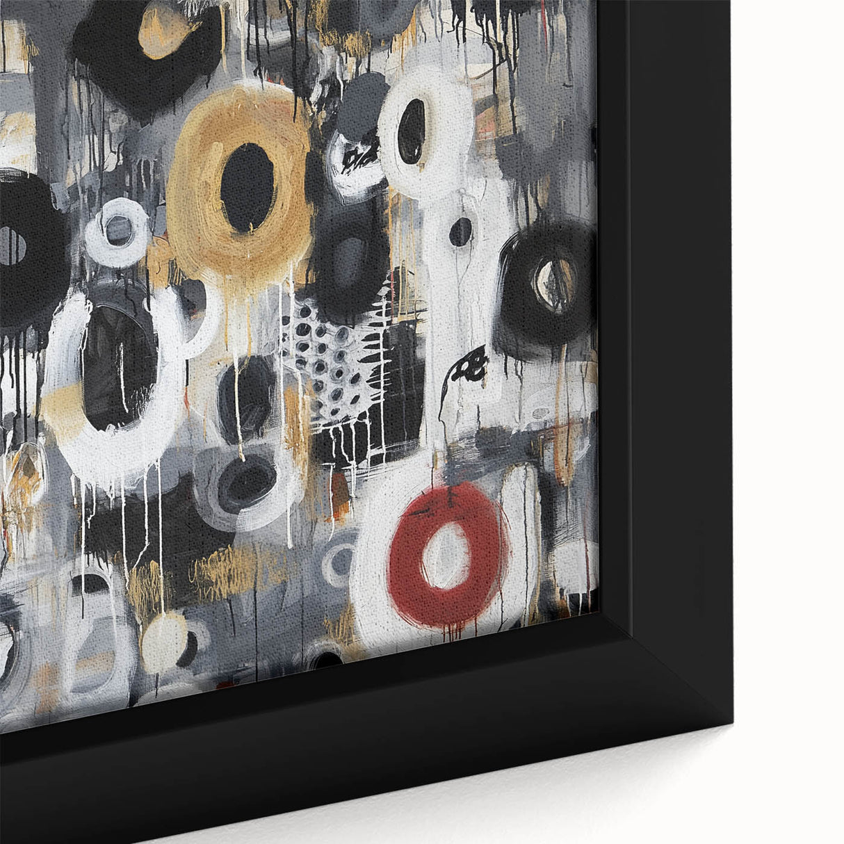 Close-up of an abstract geometric framed canvas featuring vibrant colors and intricate patterns, ideal for modern home decor and artistic interior design.