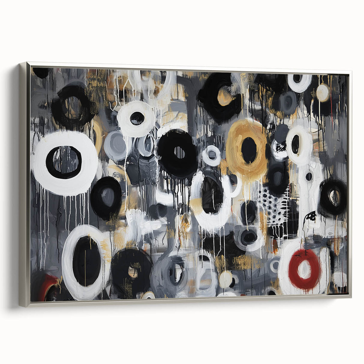 Abstract geometric framed canvas in silver, showcasing intricate shapes and lines, ideal for modern home decor. Side view highlights its sleek design and contemporary style. Perfect addition to elevate living spaces with a touch of elegance and artistic flair.