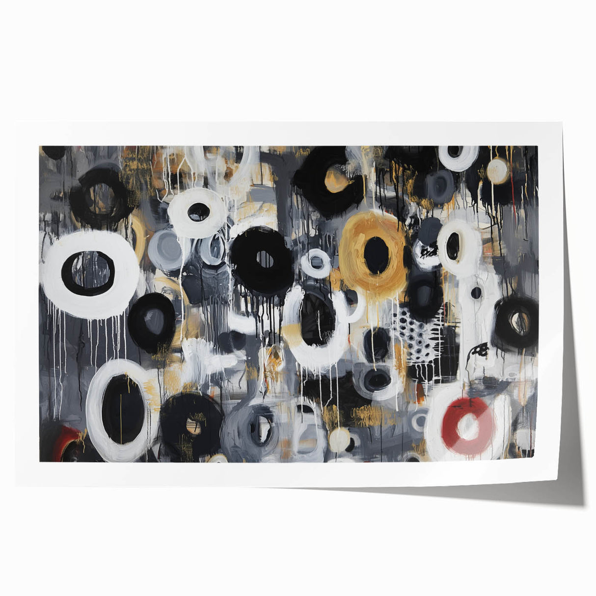 Abstract geometric rolled print showcasing vibrant colors of blue, orange, and yellow, featuring intricate shapes and patterns, ideal for modern home decor.