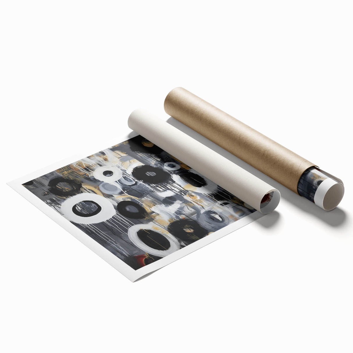 Abstract geometric rolled print showcasing vibrant colors and intricate patterns, elegantly packaged in a durable cardboard tube for safe delivery. Ideal for modern decor enhancement.