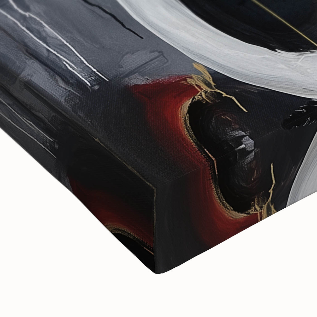 Close-up of an abstract geometric stretched canvas artwork showcasing vibrant colors and intricate shapes, perfect for modern home decor and artistic expression.