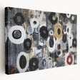 Abstract geometric stretched canvas artwork showcasing vibrant colors and intricate shapes, designed to enhance modern interior decor with a contemporary artistic flair.