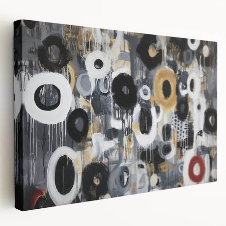 Abstract geometric stretched canvas artwork showcasing vibrant colors and intricate shapes, designed to enhance modern interior decor with a contemporary artistic flair.
