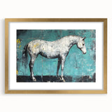 Framed artwork featuring an elegant design of animals in gold tones, showcased with a white mat. Perfect for adding a touch of sophistication to home decor.
