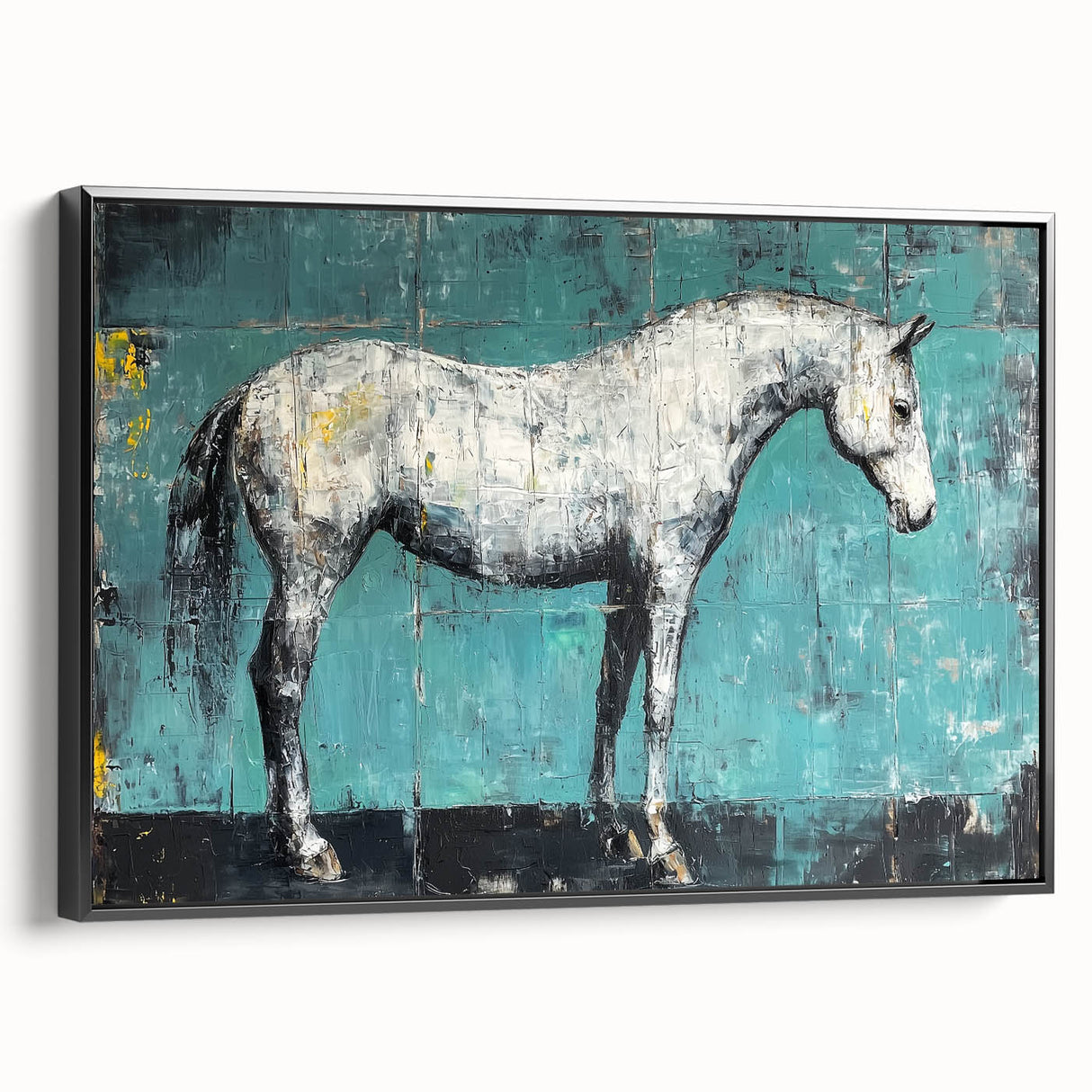 Framed canvas artwork showcasing a vibrant animal design on a black background, viewed from the side, ideal for modern home decor and wildlife enthusiasts.