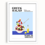 Abstract art print of various food dishes in muted earth tones, framed with a white mat, ideal for dining room decor.