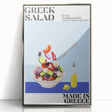 Mid-century modernist art depicting various food dishes in muted colors on a framed acrylic print.